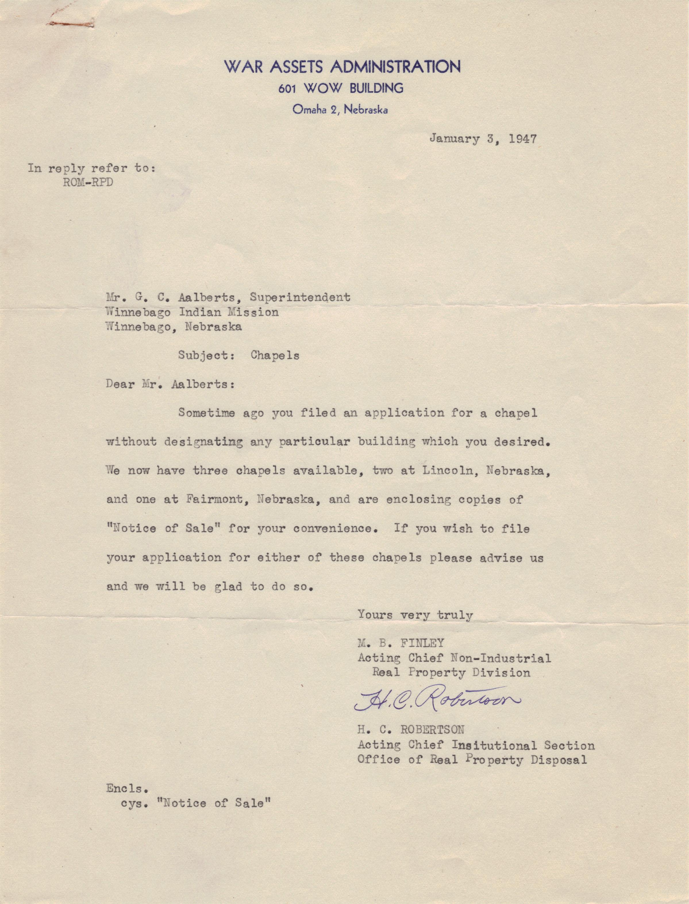 Cover Letter, War Assets Administration, page 1